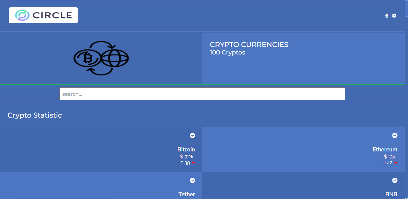 screenshot of Cryptocurrencies Price <br>Tracker Website with A real-life cryptocurrency price tracker that displays real-time prices for various cryptocurrencies Use React for the front end and Redux for state management. Use Coinbase as API to retrieve cryptocurrency prices. Allow users to track the price of specific cryptocurrencies' status by name and rank